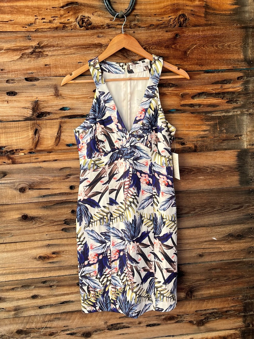 BOSTON PROPER | NWT Navy, Cream & Olive Tropical Print Sheath Dress 6